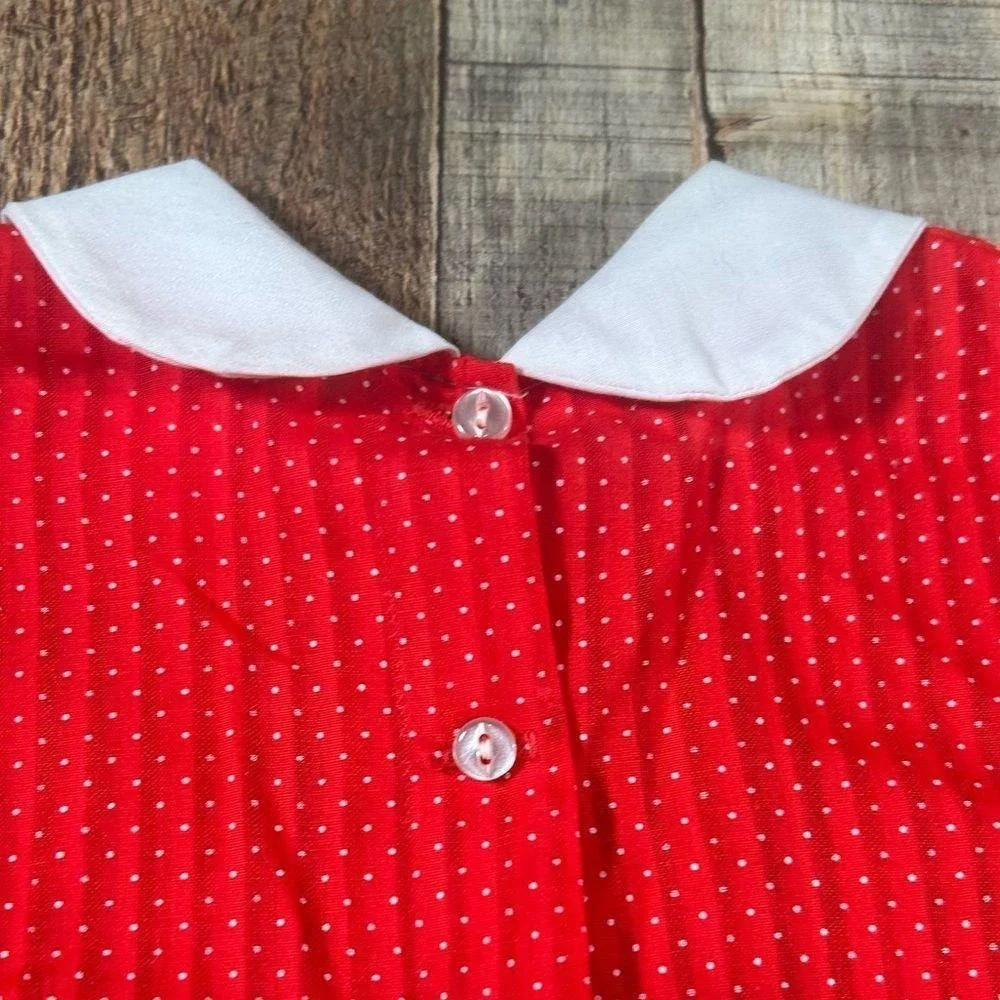 Vintage 70s Mini World Girls Prairie Dress 5 Red Polka Dot Lace Peter Pan Collar